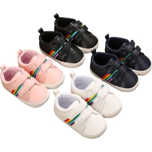 2021 Infant Baby Rainbow Striped Sneakers, Anti-Slip Soft Sole Crib Shoes with Adjustable Straps