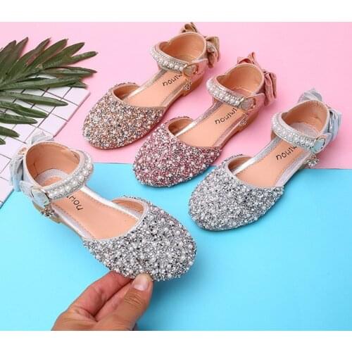 Summer Girls Shoes Pearls Bling Princess Shoes Bead Ankle Strap Sandals Round Toe Kids Leather Shoes Back Bowtie Wedding Dancing