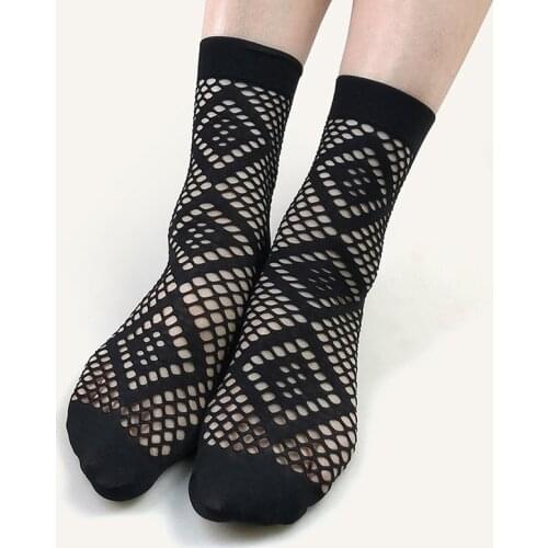 Summer Women Socks Breathable Elastic Ankle Sock Hollow Out Jacquard Fishnet Stocks Black Khaki Japanese Fashion Mesh Socks
