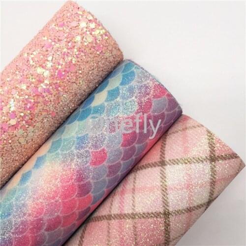 Onefly 21x29cm PINK Chunky Glitter Leather, Mermaid Tartan Printed Glitter Fabric Sheets For Bow DIY handbags shoes AQ060