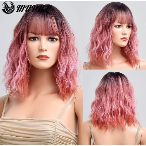 Pink Short Wave Ombre Natural Daily Hair Synthetic Wigs For White Women With Bangs Heat Resistant Female Cosplay Fiber Wavy Wig