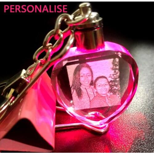 Custom Photo Made Crystal Picture Frame Baby Gift Heart Shape Glass Mini Photo Frame LED Light Pendant Luminous keychain Present