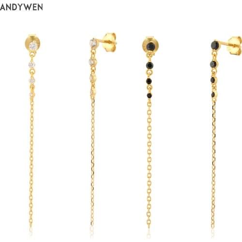 ANDYWEN 925 Sterling Silver Black Zircon Clear Long Chain Stud Drop Earring Piercing Pendiente Luxury Longer Jewelry Fashion
