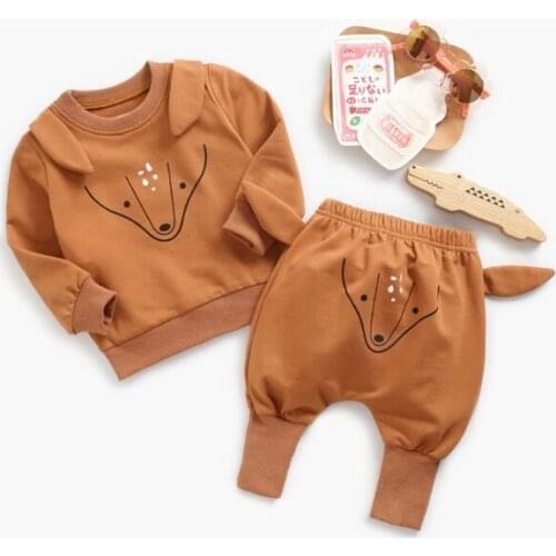 Spring Fall Baby Sports Sweatshirt Set Simple Cute Animal Print Clothes Set 69HE