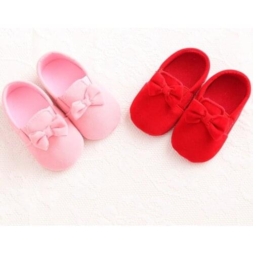 Spring and autumn solid color cotton female baby princess shoes soft bottom shoes non-slip bow set head baby toddler shoes
