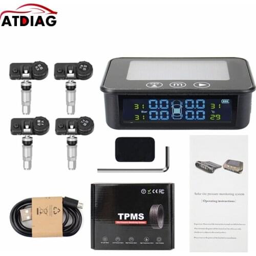 Universal TPMS Wireless Tire Pressure Monitoring System Solar Power Clock LCD Display 4 External Sensor Tire Pressure Sensors