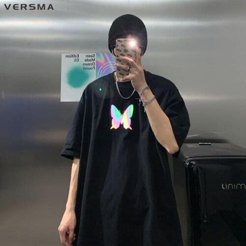 VERSMA Japanese Ulzzang Butterfly Print Reflective T-shirt Men Women Summer Vintage Punk Couple T-shirt Trendy Clothes For Women