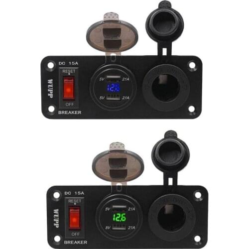 Waterproof 12V 24V Boat Truck Car LED Voltmeter 2.1A Dual USB Charger Port Cigarette Lighter Power Socket Panel With 15A ON OFF