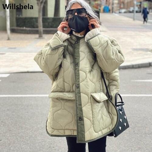 Willshela Women Fashion Oversized Jacket Front Pockets Single Breasted Long Sleeves O-neck Casual Woman Coat Chic Outfit