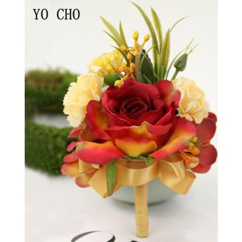 YO CHO Unique Designed Silk Flower Wedding Bridal Brooch Men Boutonniere Artificial Rose Flower Corsage Bracelet