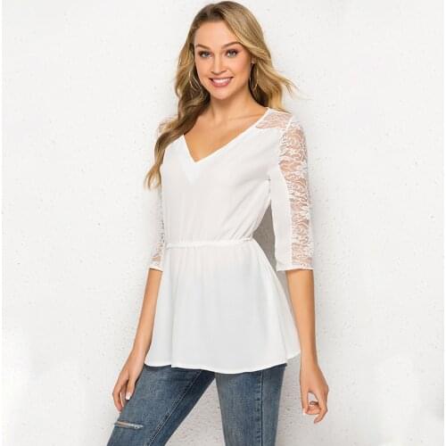 Womens Loose Casual Lace Blouse Shirt Ladies Summer Long Sleeve Casual Top V Neck Solid Clothes Fashion Chiffon Half Regular