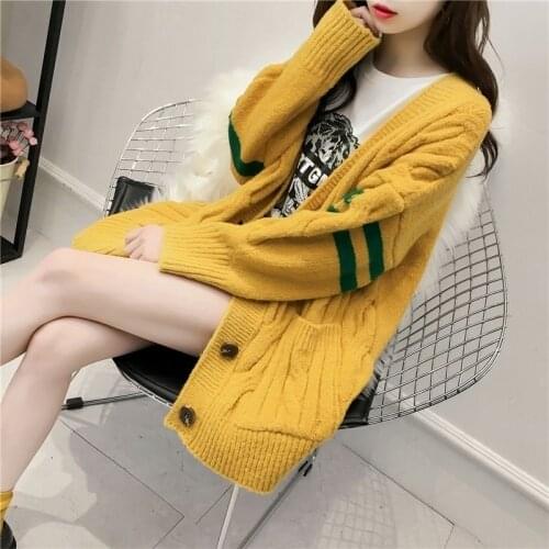 Women 2020 Autumn Winter Long Knitted Cardigans Female Casual V-Neck Full Sleeve Sweater Coat Ladies Patchwork Outwear S50