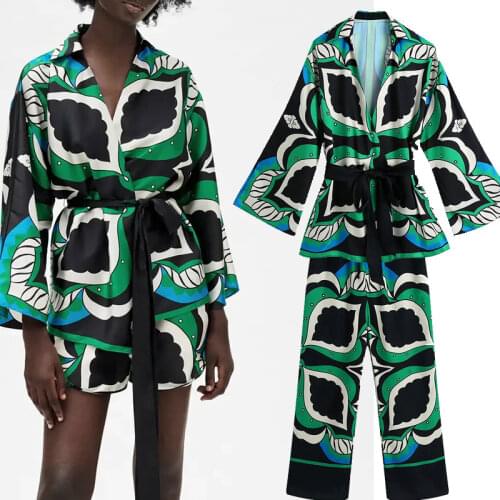 Nlzgmsj Za Women 2 Piece Set Summer Fashion Print Bow Knot Kimono Blouse +High Waist Casual Shorts Set Woman Outfit Suit 202106