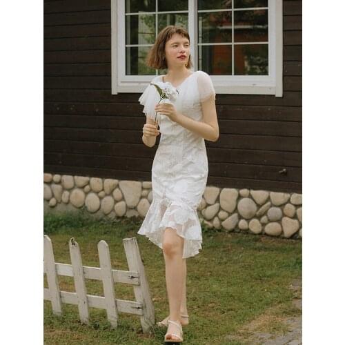 Women OriginalDesign Summer Vintage Elegant Slim Sexy Backless Mesh Patchwork Casual White Lace Short Dress