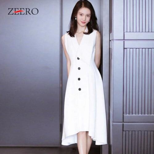 2019 Summer Elegant Women Single Breasted Vintage Plus Size Party Dresses Office Lady White Sleeveless Notched Tank White Dress