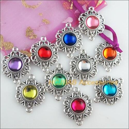 10 New Round Charms Mixed Acrylic Flower Connectors Tibetan Silver Tone 21.5x28mm