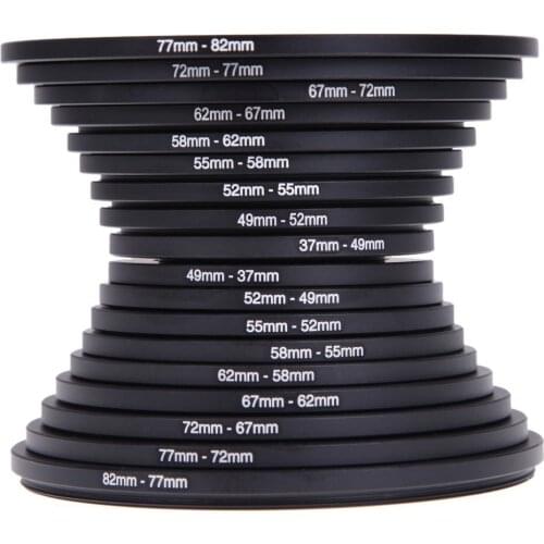 18pcs Camera Lens Filter Step Up & Down Ring Adapter Metal Filter Adapter Ring For All Camera DSLR 37-82 82-37mm Mount Set Kit