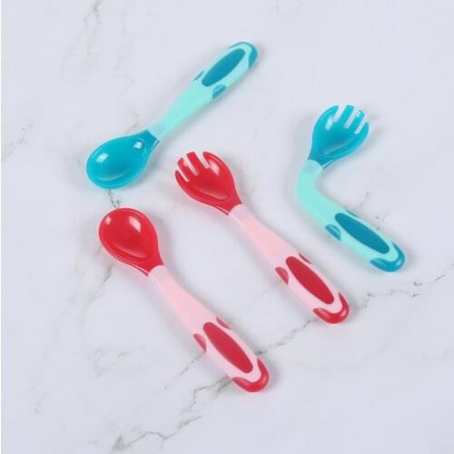 2Pcs/Set Kids Cute Cartoon Food Grade PP Baby Silicone Spoon Tableware Bendable Children Utensil Spoon Fork Feeding Dishware Set