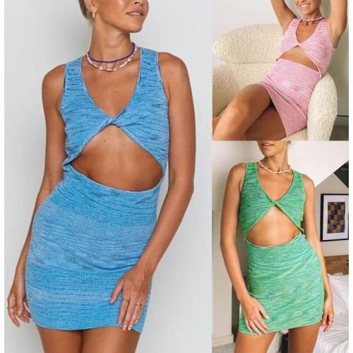 2021 Sleeveless V-Neck Halter Bandage Sexy Slit Knitted Mini Dress Summer Women Fashion Streetwear Party Vacation Clothing