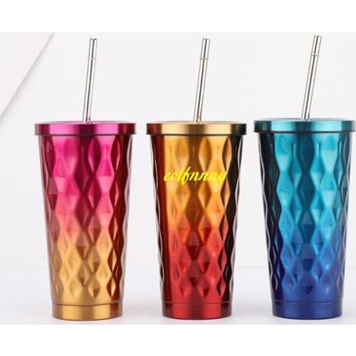 30pcs/lot 500ml 304 stainless steel diamond shaped straw cup outdoor portable car cup coffee cup mug