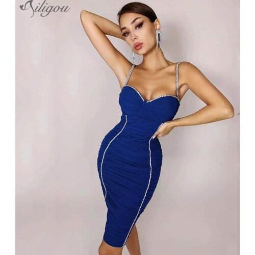 Ailigou 2021 High Quality Womens Sexy Blue Non-slip Mesh Beaded Bodycon Rayon Bandage Dress Elegant Club Party Dress Vestidos
