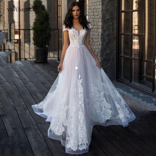 B93 Vintage Blush Pink A Line Wedding Dresses V Neck Off The Shoulder Elegant Lace Appliques Pearls Bride Gown With Sweep Train