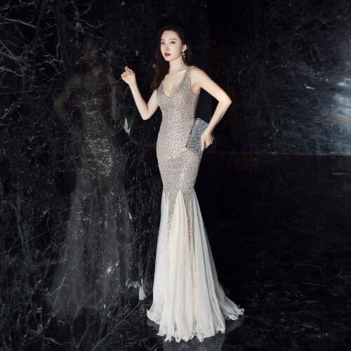 Shinny Gold Sequined V Neck Sleeveless Dress Elegant Evening Dresses Sexy Robe De Soiree Formal Dress Luxury Club Party Vestidos