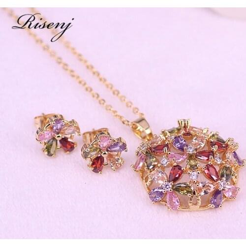 Big Hydrangea Colorful Rose Gold Jewelry For Women AAA Zircon Bridal Jewelry Stud Earrings Necklace With Pendant Set Fast Ship