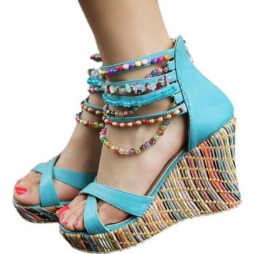 Wedge heel womens fashion summer new wave style hand-beaded waterproof platform candy color large size sandals womens shoes