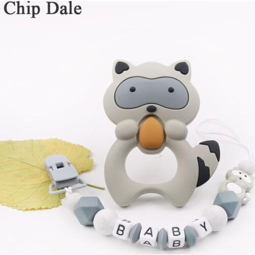 Chip Dale Cute Raccoon Silicone Teether and Baby Teething Pacifier Leash Strap Baby Chew Toy