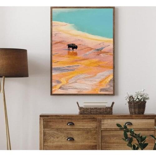 Rustic Bison in Yellowstone Canvas Painting Grand Prismatic Spring Buffalo Wall Art Prints Buffalo Animal Poster Home Room Decor