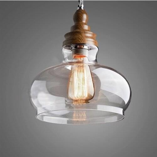 Wooden Clear Glass Pendant Lights Vintage Industrial Lighting Fixture Kitchen Island Bar Hotel Shop Antique LED Pendant Lamps
