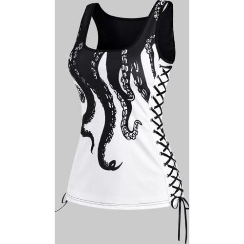 Wipalo Gothic Casual Fashion WomenS Tops Summer Lace Up Octopus Print Scoop Neck Tank Top Basic Plus Size Streetwear Harajuku