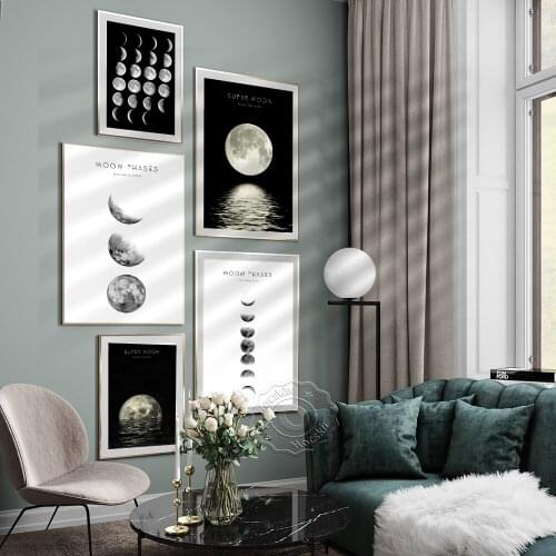 Space Super Moon Above The Water Art Poster, Moon Phases Lake Water Wall Picture, Moon Change Pattern Prints, Home Decor Mural
