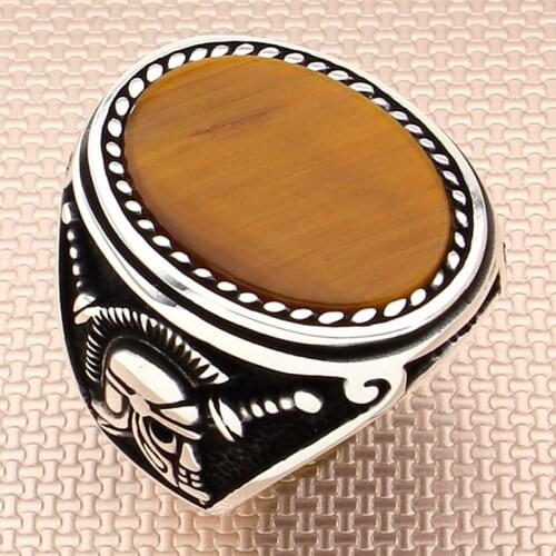 Real Pure Silver Ring 925 Sterling Spartan Warrior Helmet & Sword For Men Tiger Eye Gemstone Stone Ring Handmade Men Ring