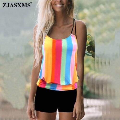 2XL Rainbow Stripe Print Two Piece Bikini Set Women Sexy Sling Shirt + Shorts Female Swimsuit Summer Beachwear Swim Bathing Suit
