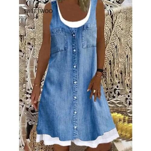 Fake Two-Piece Printed A-Line Dress 2021 Summer Casual Square Neck Party Dress Fashion Womens Sleeveless Vest Loose Dress Vesti