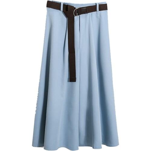 Summer Midi Skirt Women 2021 Korean Fashion Solid Elegant A-Line Black White High Waist Office Skirt With Belt