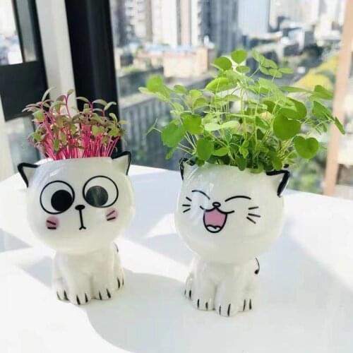 1pcs Mini Cat Shaped Ceramic Flowerpot Cartoon Cute Hand Diy Desktop Potted Plant Desk Decorate Small Ornaments Pots For Plants