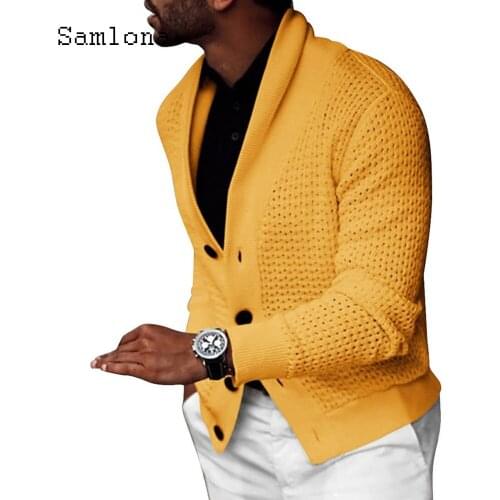 Men Single Breasted Autumn New Knitted Sweaters Lantern Sleeve Winter Warm Clothes Yellow Hollow Out Mens Sweater Cardigans 2020