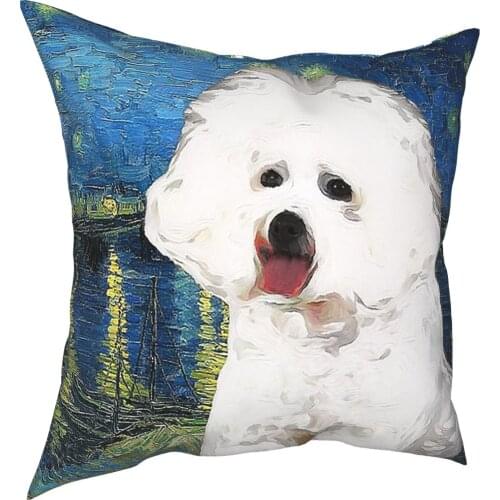 Bichon Frise Van Gogh Starry Night Pillowcover Home Decor Dog Cushions Throw Pillow for Sofa Polyester Double-sided Printing