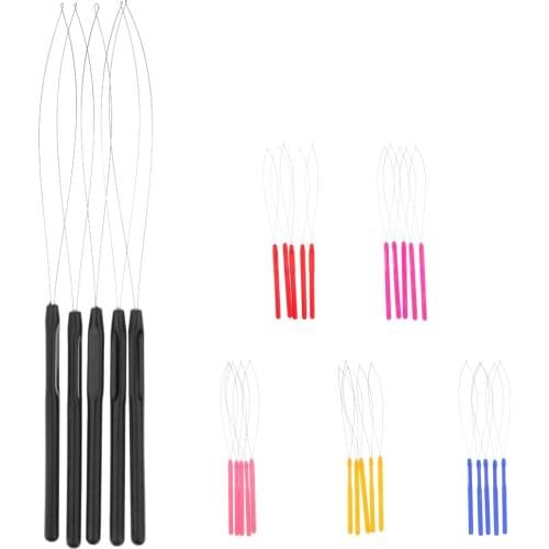 5pcs/set Hair Extensions Loop Needle Threader Wire Pulling Hook Tool for Silicone Microlink Beads and Feathers