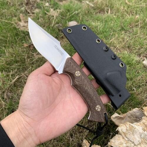 TUNAFIRE GT0156 Fixed Blade Knife D2 Steel Flax Handle Camping Hiking Knife Tactical Survival Knife Outdoor Combat EDC Tool