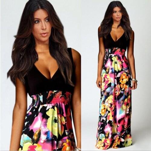 Queechalle Summer Dress V-neck Sleeveless Print Chiffon Long Dress Women Beach Boho Maxi Dresses Black Color Female Vestido S-XL