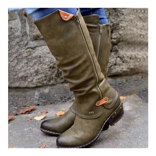 Womens Mid Calf Boots Vintage British PU Leather Shoes Woman Low Heel Zip Sewing Ladies Fashion Retro Long Boots Women