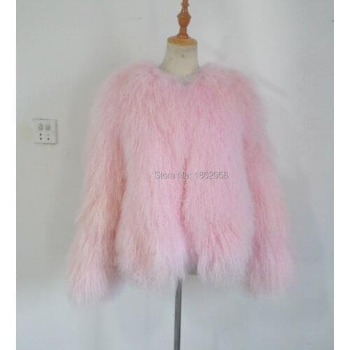 SJ029-01 Beautiful Light Pink Mongolia Sheep Fur Medium Length Coat