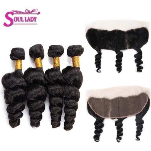 SoulLady Peruvian Loose Wave Bundles With Frontal Closure 13x4 Ear To Ear Lace Frontal Closure With Bundles Remy 100% Human Hair