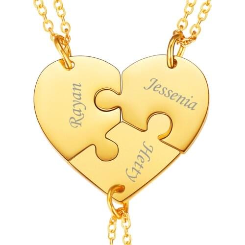 U7 BFF Necklace for 3 Pieces Stainless Steel Personalized Family Love/Friendship Jewelry Set Free Engraving Heart Pendants