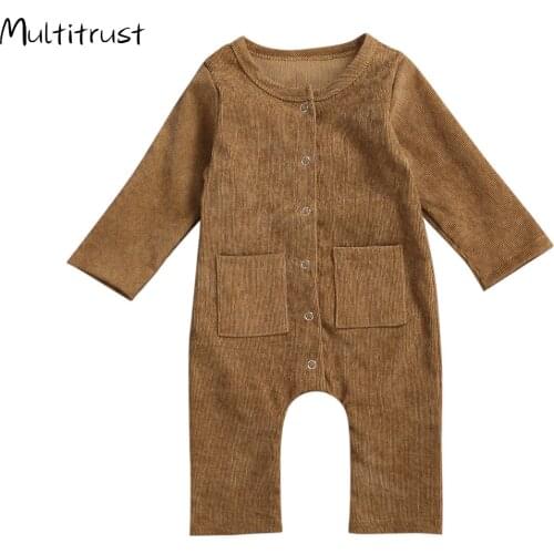 4 Colours Newborn Toddler Girls Solid Color Jumpsuit Round Neck Long Sleeve Buttons Corduroy Long Romper Clothes with Pocket