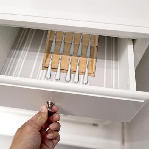 Storage Box Wooden Kitchen Drawer Flatware Utensil Tableware Organizer Multi-Grid Expandabl Cutlery Silverware Holder Wooden